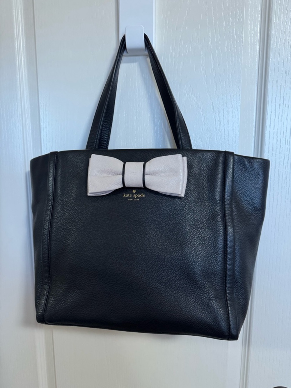 kate spade Black Leather Tote with Ivory Bow